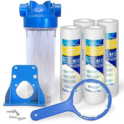 10 Inches European Design Transparent Standard Whole House Water Filter System with Presser Relief Valve, 3/4” Inlet/Outlet Brass Port and Yearly Supply (4) Sediment Cartridges 5 Micron