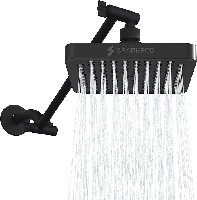 SparkPod Square Rain Shower Head with Extension Arm - Height Adjustable Shower Head with High Pressure Performance - Easy 1-Minute Installation (11" Arm Extension, Midnight Black Matte)