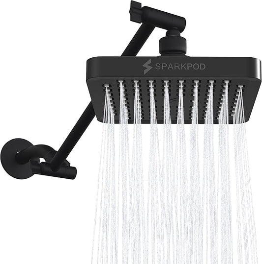 SparkPod Square Rain Shower Head with Extension Arm - Height Adjustable Shower Head with High Pressure Performance - Easy 1-Minute Installation (11" Arm Extension, Midnight Black Matte)