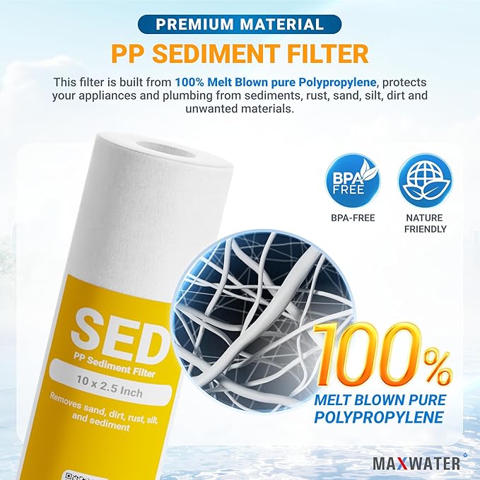 Max Water 1 Micron 10 x 2.5 Sediment Water Filter Replacement Cartridge for Whole House, Melt Blown Filtration Fiber for Heavy Duty Well Water Filter Replacement AP110, WHKF-GD05 (Pack of 50)