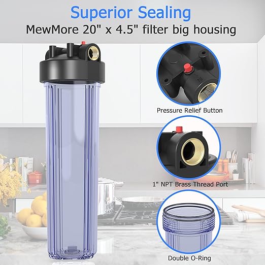 WHT20 Whole House Water Filter Housing, Fit 20"x4.5" Sediment etc Filters for Well and City Water, Big Filter Blue Pre-Filtration System for Home, 1" NPT Port, Pressure Release (Clear Housing)