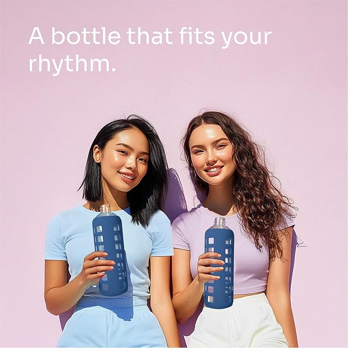 purifyou 40oz / 32oz / 22oz / 12oz Borosilicate Glass Water Bottle with Time & Volume Markers, Silicone Sleeve, Stainless Steel Lid – Reusable Glass Bottle for Water & Juice (32oz Chinese Porcelain)