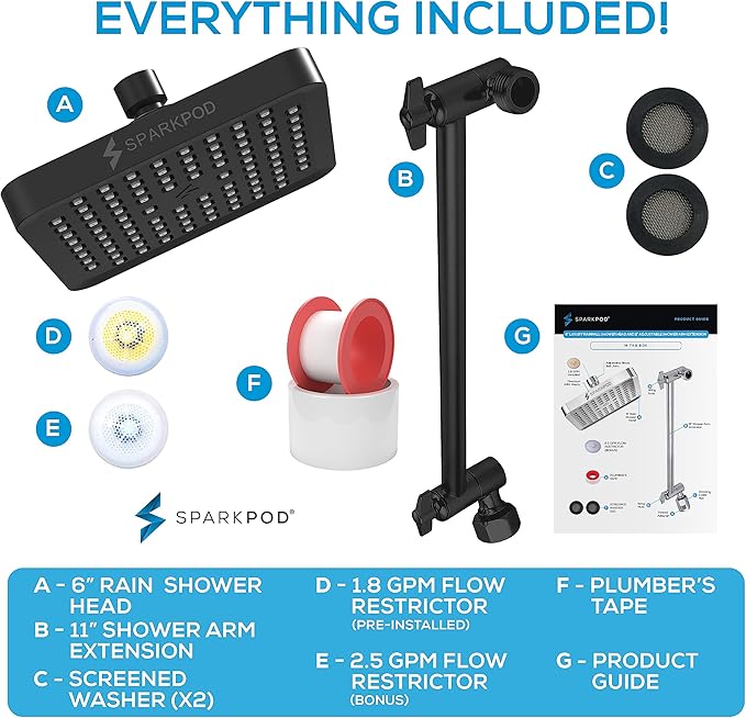 SparkPod Square Rain Shower Head with Extension Arm - Height Adjustable Shower Head with High Pressure Performance - Easy 1-Minute Installation (11" Arm Extension, Midnight Black Matte)