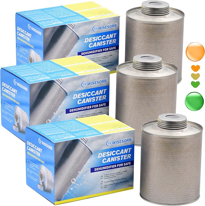 750 Grams 3 Pack Gun Safe Dehumidifier, Reusable Canister Desiccant Dehumidifier, Rechargeable 1.65 Lbs Indicating Silica Gel Orange To Green, Pack of 3