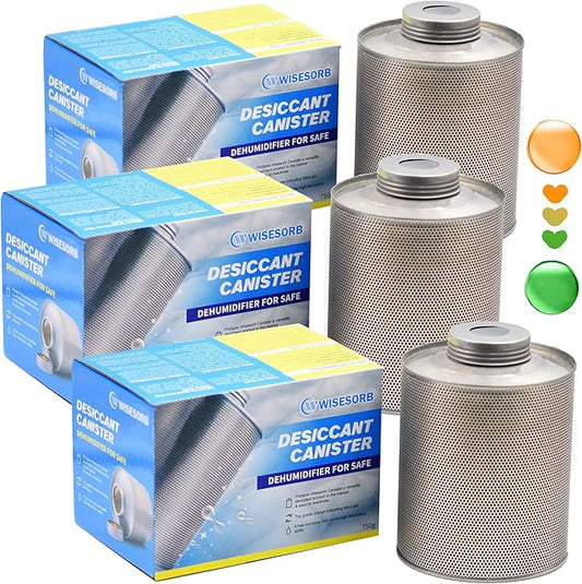 750 Grams 3 Pack Gun Safe Dehumidifier, Reusable Canister Desiccant Dehumidifier, Rechargeable 1.65 Lbs Indicating Silica Gel Orange To Green, Pack of 3