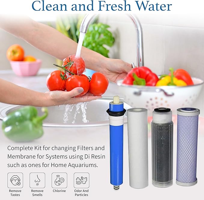Reverse Osmosis Deionization (RODI) 10" Replacement Filter Kit (Sediment Cartridge, Carbon Cartridge, Color Indicating DI Cartridge Filled with MBD-30 Nuclear Grade Resin and 150 GPD Membrane) by CFS