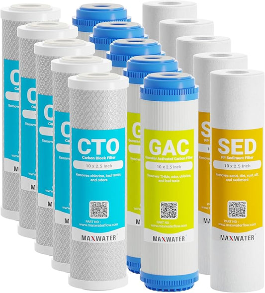 Max Water 5 Micron Replacement 10 x 2.5 inch Filter Cartridge Set For Standard RO | Reverse Osmosis Water Filter Systems - PP Sediment, GAC & CTO | Compatible with AP110, WHKF-GD05, WHKF-WHWC, GAC-10