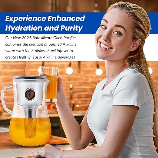 Borosilicate Glass Alkaline Water Pitcher of Life with Stainless Steel Fruit Infuser Glass Water Filter Pitcher with Lid Clearly Filtered Water Pitcher Increases pH NSF/ANSI 42 & 61 Certified Filters