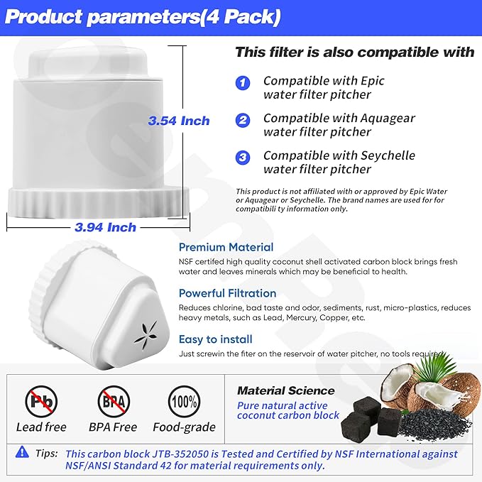 1Pack Replacement Filter for EPIC Water Filter Pitcher, Water Filter Pitcher Compatible with Aquagear Seychelle, BPA Free. Removes Fluoride, Chlorine, Lead, Odors