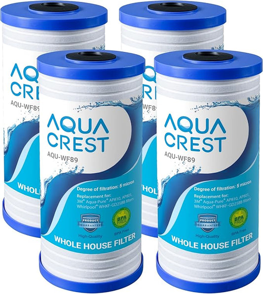AQUA CREST AP810 Whole House Water Filter Replacement for 3M® Aqua-Pure® AP810, AP801, AP811, Whirlpool® WHKF-GD25BB, WHKF-DWHBB, 5 Micron, 10" x 4.5", Well & Tap Water Filter, Pack of 4
