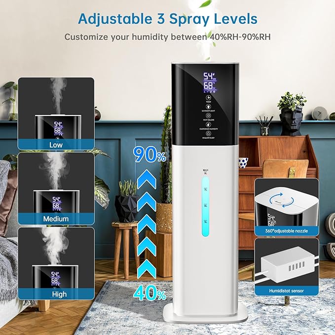 Humidifiers Large Room Bedroom with 7 Colors Light,Honovos 8L 2.1Gal Quiet Ultrasonic Cool Mist Topfill Humidifier with 360° Nozzle 3 Speed Humidistat Essential Oil Tray for Baby Home Plant Yoga Sleep