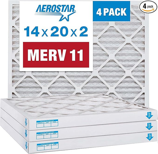 Aerostar 14x20x2 MERV 11 Pleated Air Filter, AC Furnace Air Filter, 4 Pack (Actual Size: 13 1/2" x 19 1/2" x 1 3/4")