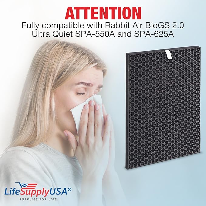 LifeSupplyUSA Carbon Filter Replacement Compatible with RabbitAir BioGS 2.0 Ultra Quiet SPA-550A and SPA-625A Air Purifiers