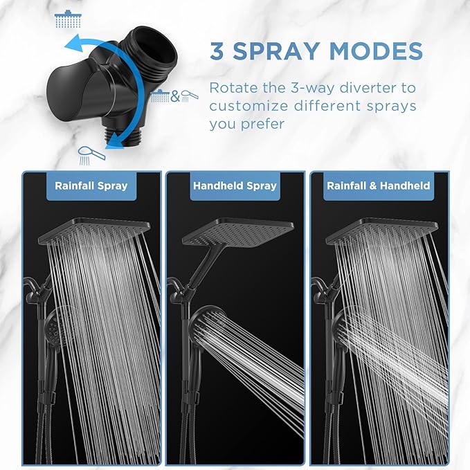 Dual Handheld Shower Head Combo, 2-in-1 Rain Shower Heads System Wide Rainfall Shower Head and 10 Modes High Pressure Hand Held Showerhead with Built-in Power Wash