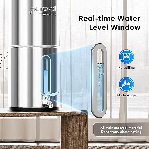 Purewell 1.5G Gravity Water Filter System with Water Level Window, 8-Stage 0.01μm Ultra-Filtration Stainless Steel Countertop System with 4 Filters and Stand, Reduce Fluoride and Chlorine, PW-MKS-CF