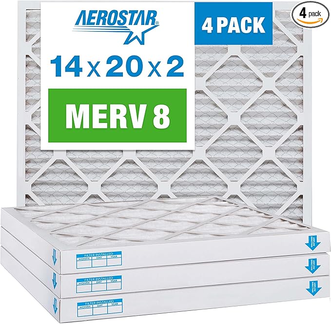 Aerostar 14x20x2 MERV 8 Pleated Air Filter, AC Furnace Air Filter, 4 Pack (Actual Size: 13 1/2" x 19 1/2" x 1 3/4")