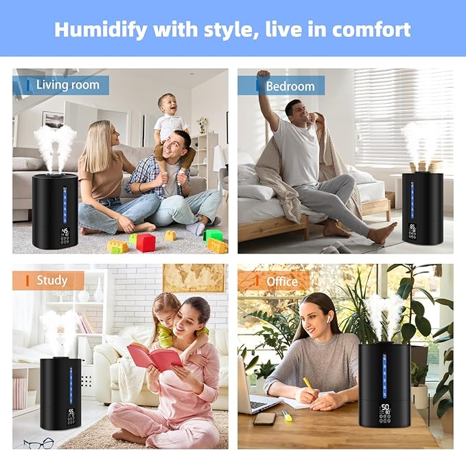6L Humidifiers for Bedroom Large Room Home, Cool and Warm Humidifier for Plants Mist Top Fill Desk Humidifier Essential Oil Diffuser, Quiet Humidifiers with Adjustable Mist,360°Nozzle-Midnight Black