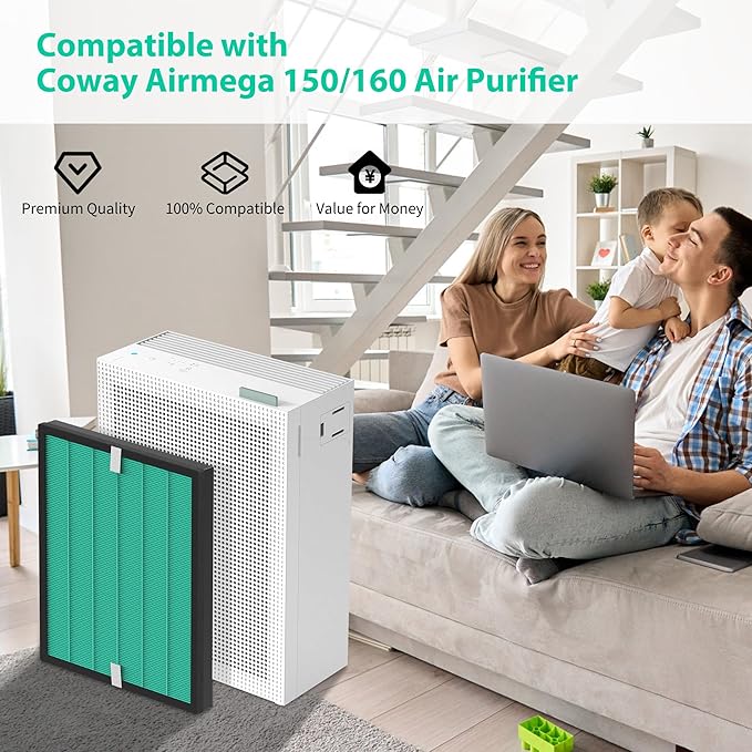 2 Pack Upgraded Airmega 150 Filter Replacement Compatible with Coway Airmega 150 (AP-1019C) & Airmega 160 Air Purifiers, True HEPA and Enhanced Activated Carbon Filter, AP-1019C-FP (Enhanced 150)