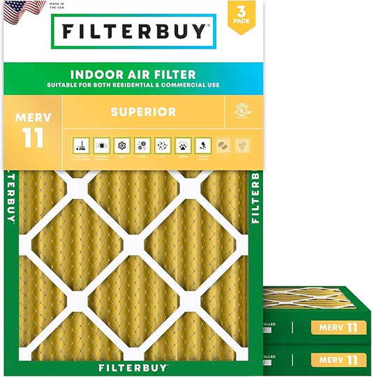 Filterbuy 14x20x2 Air Filter MERV 11 (MPR 1200) Allergen Defense Replacement (3-Pack), Electrostatic Pleated HVAC AC Furnace Filters, Made in USA (Actual Size: 13.50 x 19.50 x 1.75)