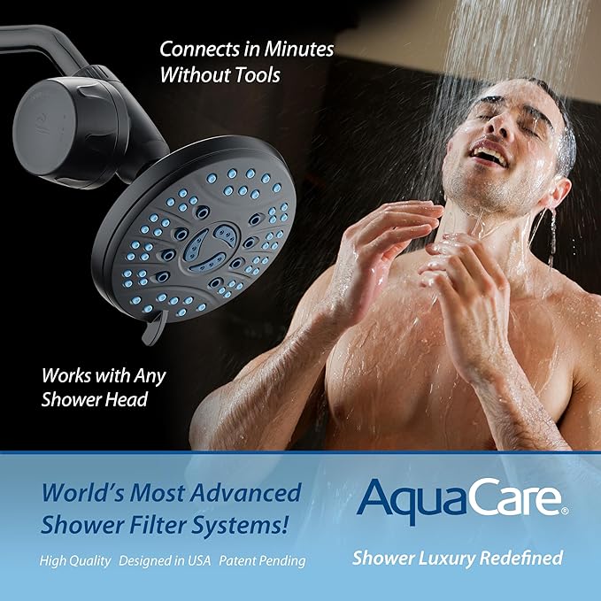 AquaCare Skin & Hair - World's Most Advanced Shower Filter for Fixed or Handheld Shower Heads with ON/OFF Filtration Modes, Instant Cartridge Reload & Stay-Clean Enriched KDF Cartridge/Matte Black