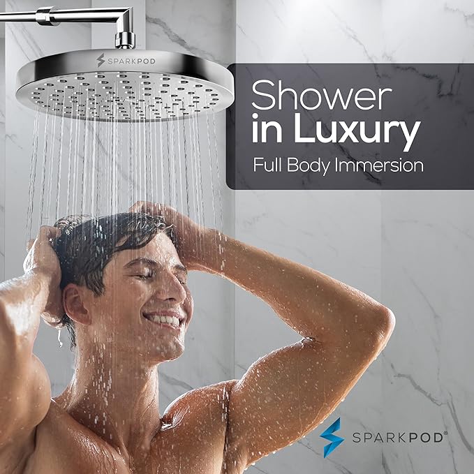 SparkPod Shower Head - High Pressure Rain - Premium Quality Luxury Design - 1-Min Install - Easy Clean Adjustable Replacement for Your Bathroom Shower Heads (Luxury Polished Chrome, 8 Inch Round)