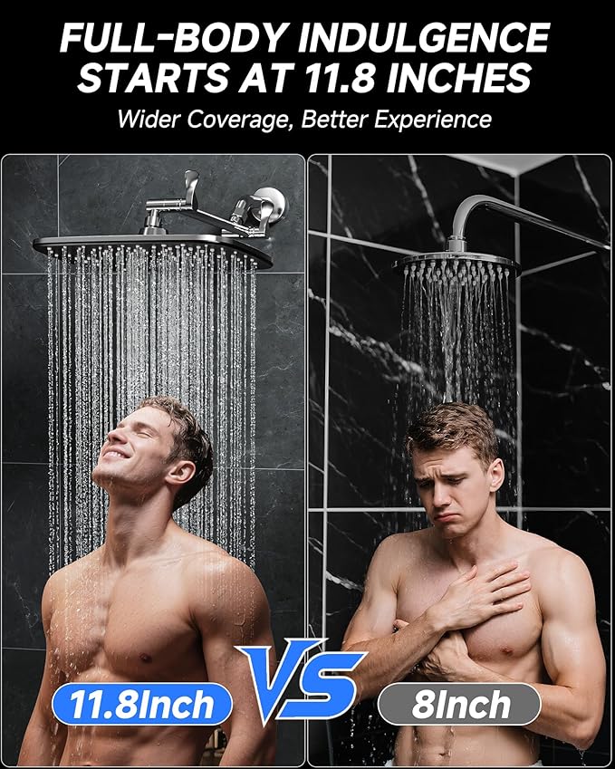 Veken 11.8" Rain Shower Head, Rectangular Rainfall Showerhead with 11" Stainless Steel Exension Arm, Height & Angle Decor Adjustable, High Pressure Showheads, Bathroom Accessories, 2.5GPM Chrome