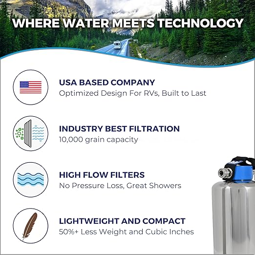 GoBluTech RV Water Softener, Stainless Steel Portable Water Softener, 10,000 Grain with Stainless Steel Garden Hose Quick Connects, RV Accessories Camper Vans and Travel Trailers - US Veteran Owned