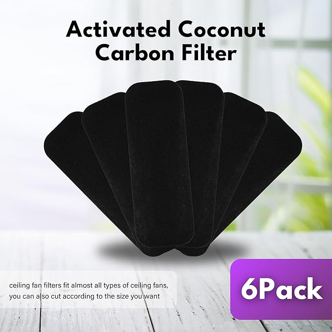 Filter Monster Coconut Carbon Ceiling Fan Filters - Easy-Stick Activated Carbon Blade Filters for Common Household Contaminants - 6 Pack