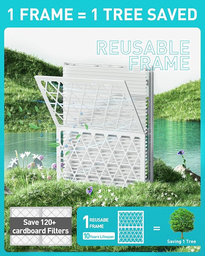 14x24x1 Refillable Air Filter Kit, MERV 11, 1 Reusable Foldable Frame ＆ 6 Refills, Fits Most AC HVAC Furnace Devices, Actual Size 13.75x23.75x0.75in