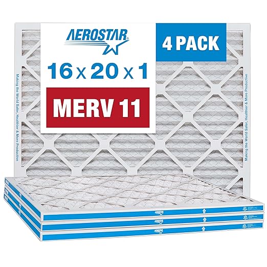 Aerostar 16x20x1 MERV 11 - 4 Count - Pleated HVAC, Furnace & Air Conditioner Filters - Removes Dust, Cold & Flu Germs, Lint, Mold, Pet Dander, Allergy-Causing Pollen, Smog & Smoke