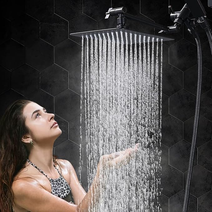 G-Promise All Metal 10 Inch Dual Square Shower Head with Handheld Spray Combo, Rain Shower Head, Adjustable Extension Arm, 3-Way Diverter, 71 Inch Long Hose - A Bathroom Upgrade(Oil Rubbed Bronze)