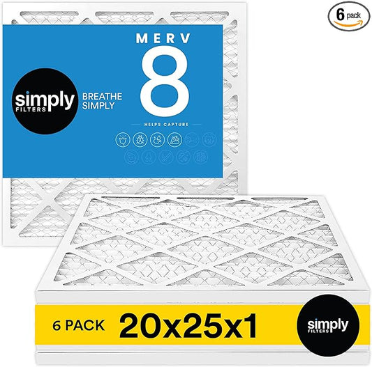 Simply 20x25x1 Air Filter, Merv 8, MPR 600, 6 Pack, For Home AC Furnace & HVAC (Actual Size: 19.75"x24.75"x0.75") DUST, Pet, & Allergy Control