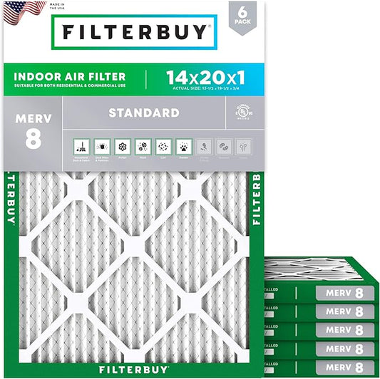 Filterbuy 14x20x1 Air Filter MERV 8 (MPR 700) Dust Defense Replacement (6-Pack), Electrostatic Pleated HVAC AC Furnace Filters, Made in USA (Actual Size: 13.50 x 19.50 x 0.75)