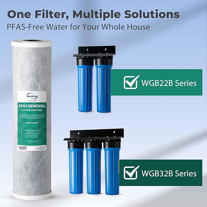 iSpring FC25B-PF 4.5” x 20” Whole House Water Filter, Removes up to 99% PFAS, PFOA/PFOS, Chlorine, VOCs, with SGS Tested Filtration Media