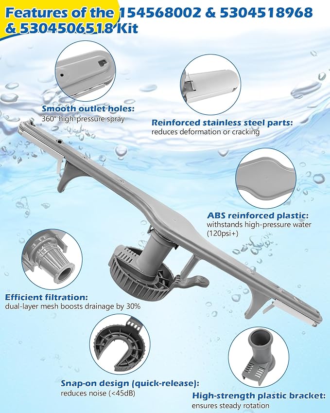 154568002 Dishwasher Lower Spray Arm -Complete with 5304518968 Support & 5304506518 Filter-Compatible with Frigidaire Electrolux Dishwasher Bottom Lower Spray Arm 154250901 154414101 5304517203