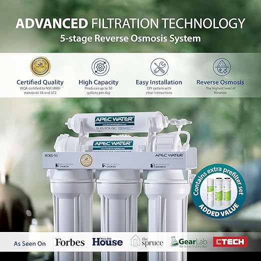 APEC Water Systems ROES-50 Essence Series Top Tier 5-Stage WQA Certified Ultra Safe Reverse Osmosis Drinking Water Filter System with Extra High Capacity Pre-Filter Set Stage 1-3