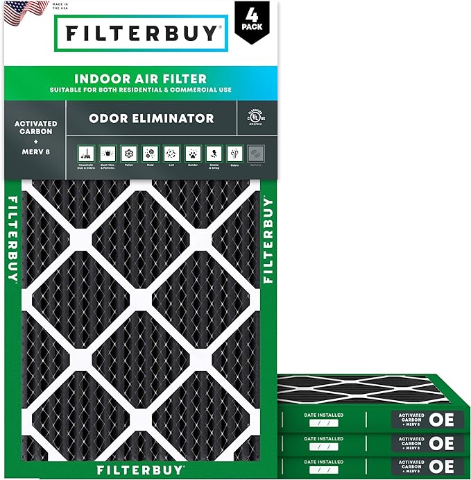 Filterbuy 12x24x1 Air Filter MERV 8 (MPR 700) Odor Eliminator Replacement (4-Pack), Electrostatic Pleated HVAC AC Furnace Filters w/Activated Carbon, Made in USA (Actual Size: 11.50 x 23.50 x 0.75)