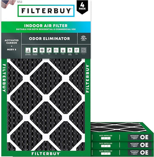 Filterbuy 10x24x1 Air Filter MERV 8 (MPR 700) Odor Eliminator Replacement (4-Pack), Electrostatic Pleated HVAC AC Furnace Filters w/Activated Carbon, Made in USA (Actual Size: 9.50 x 23.50 x 0.75)