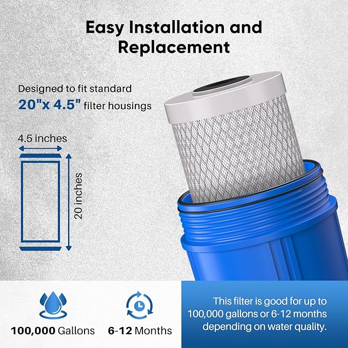 PUREPLUS 5 Micron 20" x 4.5" Whole House Coconut Shell Activated Carbon Water Filter Replacement Cartridge, Compatible with FC25B, EPM-20BB, CB-BB-20, 155783-43, 1 Pack