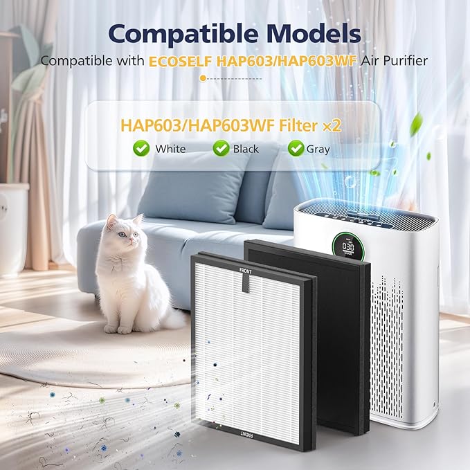 HAP603 Replacement Filter Compatible With ECOSELF HAP603 & HAP603WF Air Purifier, 3-Stage Hepa Air Filter with Activated Carbon for Home Office, # RFHAP603, 2 Pack, White
