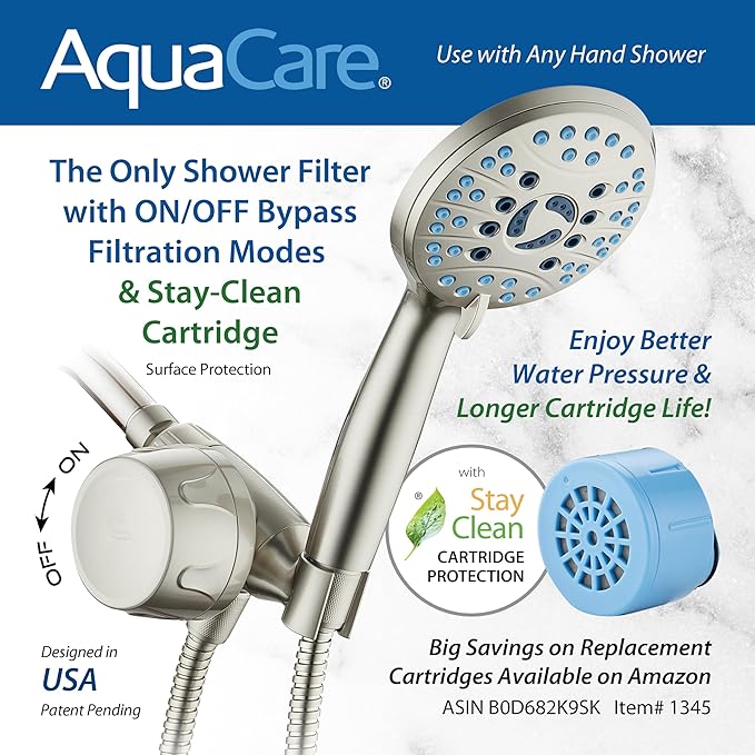 Skin & Hair by AquaCare - World's Most Advanced Shower Filter for Hand Showers with ON/OFF Filtration Modes,Instant Cartridge Reload,Built-in Bracket & Stay-Clean Enriched KDF Cartridge/Satin Nickel