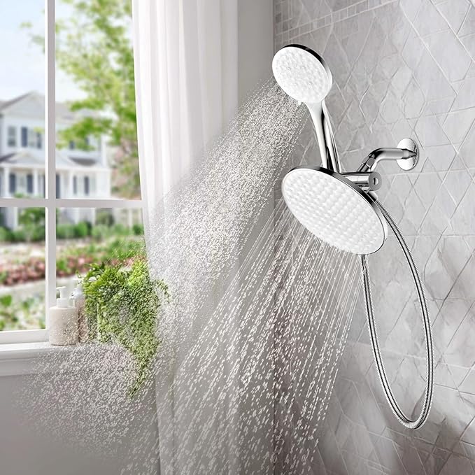 8.6 inch High Pressure 3-Way Shower Heads Combo, Pulsating Rainfall Shower Head, 6-Settings Dual Shower Head with Handheld Hose 6ft Chrome