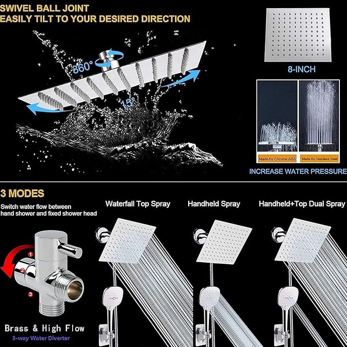 NearMoon Shower Head with Hose, High Pressure Stainless Steel Rain Shower and 3 Settings Handheld Spray Combo with Push Button Flow Control (8 Inch Showerhead Set, Chrome Finish)