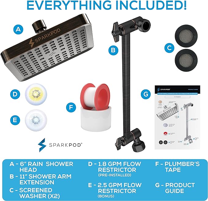 SparkPod Square Rain Shower Head with Extension Arm - Height Adjustable Shower Head with High Pressure Performance - Easy 1-Minute Installation (11" Arm Extension, Vintage Oil-Rubbed Bronze)