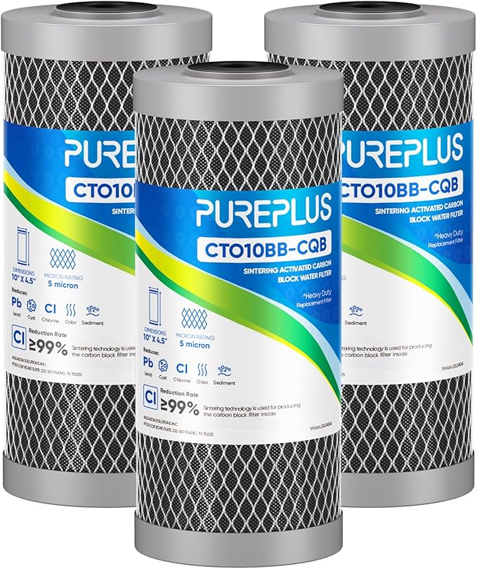 PUREPLUS 5 Micron 10" x 4.5" Whole House Activated Carbon Water Filter, Enhanced Lead Removal Carbon Replacement Cartridge, Compatible with GE GXWH40L, GXWH35F, BB10, FXHTC, FC15B, CTO10BB-CQB, 3PACK