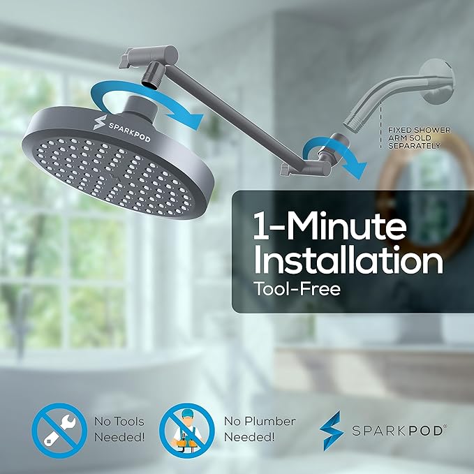 SparkPod Round Rain Shower Head with Extension Arm - Height Adjustable Shower Head with High Pressure Performance - Easy 1-Minute Installation (11" Arm Extension, Titanium Charcoal Grey)
