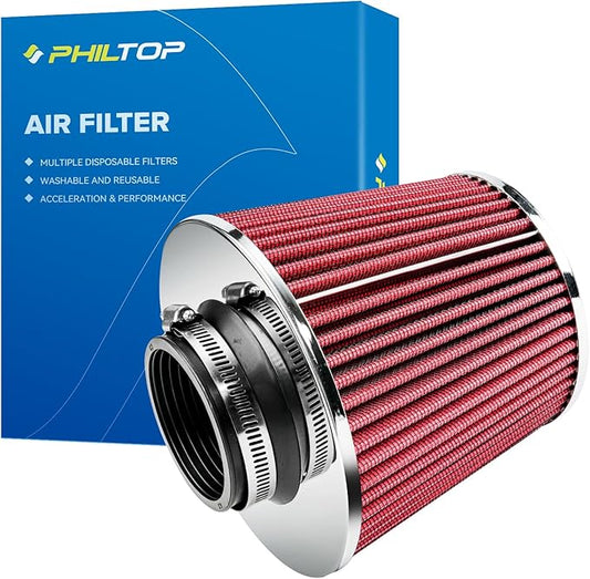 PHILTOP Universal Clamp-On Air Intake Filter, Premium, Washable, Replacement Air Filter: High Flow Air Filter 2.5" 63.5 mm Inlet, Shape: Round Tapered