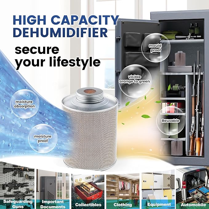 750 Grams Gun Safe Dehumidifier, 2 Pack Reusable Canister Desiccant Dehumidifier, Rechargeable 1.65 Lbs Indicating Silica Gel Orange to Green
