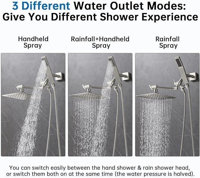 G-Promise All Metal 10" Dual Square Shower Head Combo | Rain Shower Head | Handheld Shower Wand | Adjustable | 3-Way Diverter | 71" Extra Long Hose - A Bathroom Upgrade(Brushed Nickel)