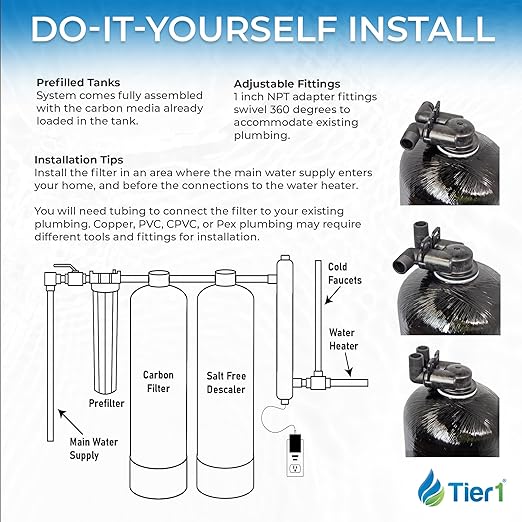 Tier1 Whole House Chlorine Filter | 600,000 Gallon Capacity, 5-6 Year Life | Pre-Filled Carbon Tank with 1 Cubic Foot of Premium Acid-Washed Granular Activated Carbon | Home Water Filtration System